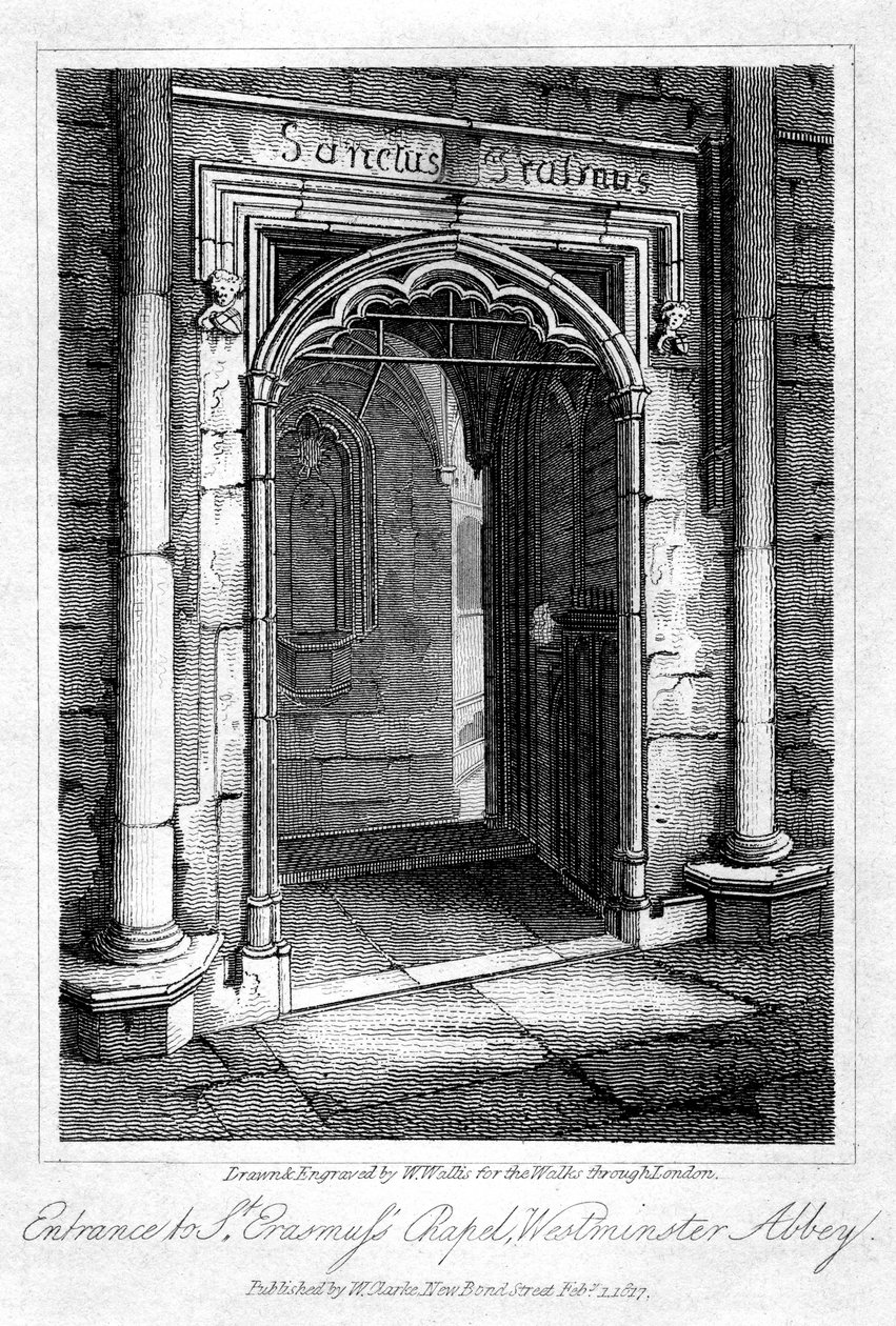 Indgang til St Erasmus Chapel, Westminster Abbey, London, 1817. af W. Wallis