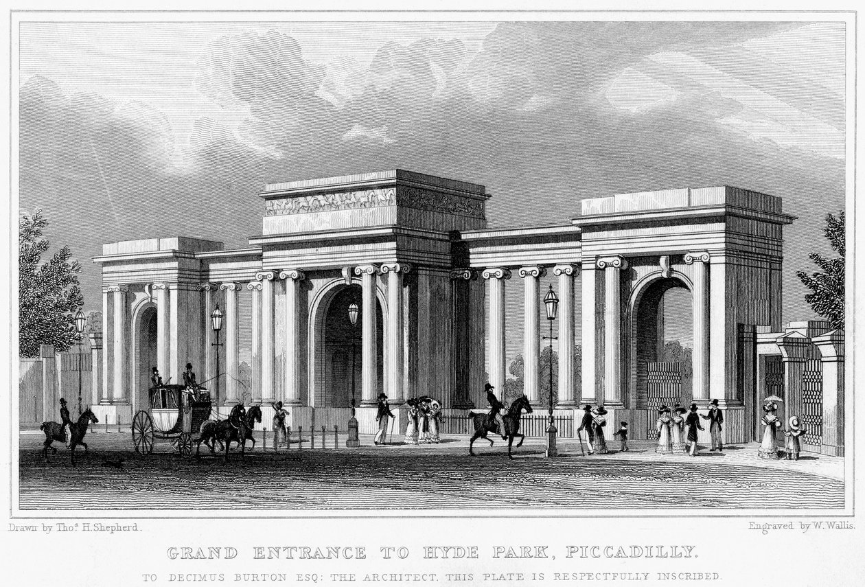 Stor indgang til Hyde Park, Piccadilly, Westminster, London, 1800-tallet. af W. Wallis