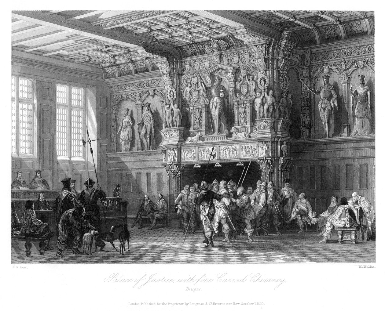 Justice Palace, med fin udskåret skorsten, Brugge, 1840 af W. Wallis