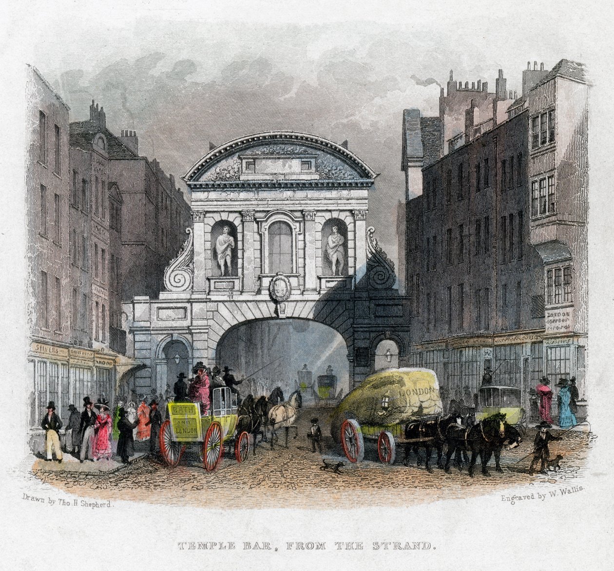 Temple Bar, fra Strand, London, 1829. af W. Wallis