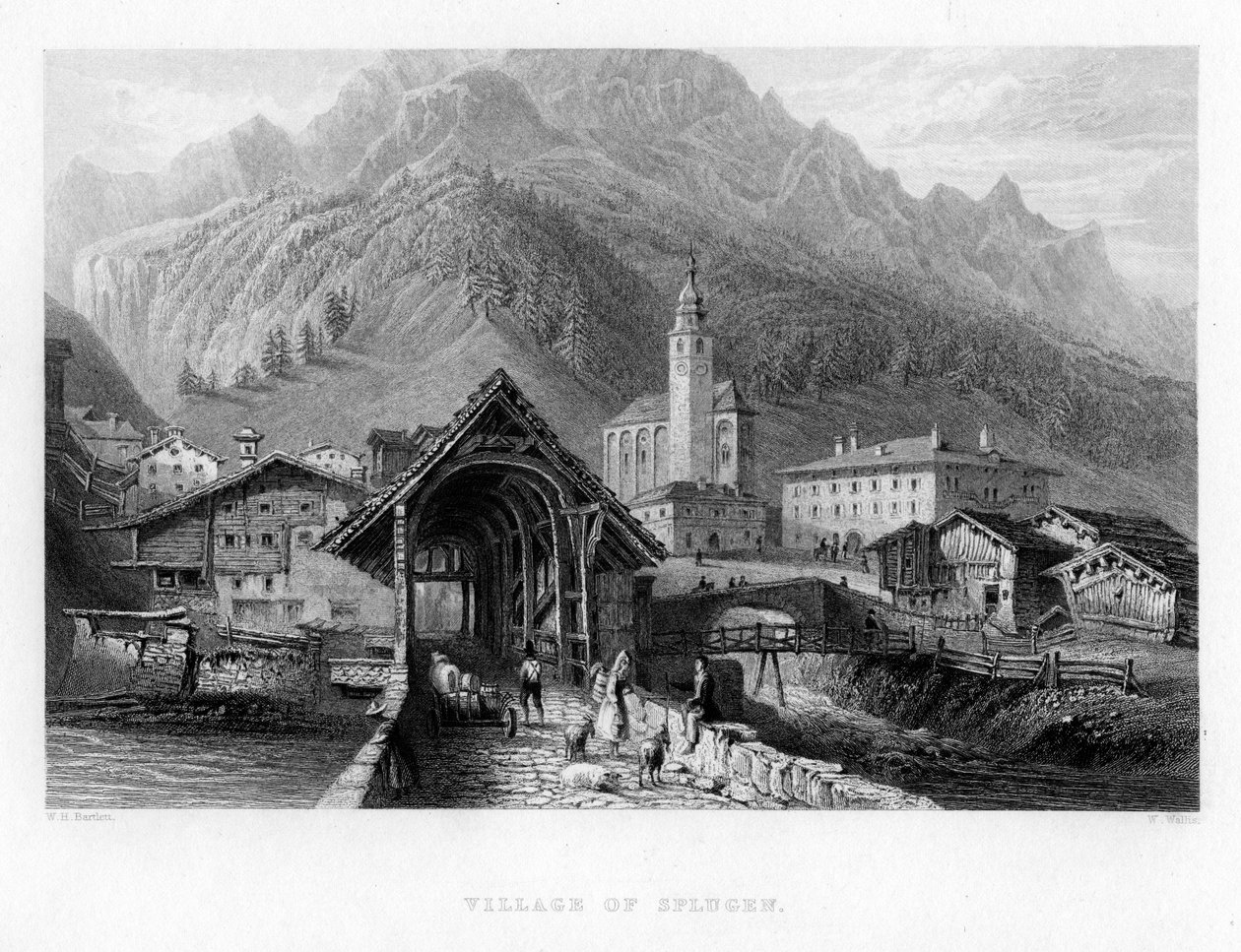Landsbyen Splugen, Schweiz, 1834 af W. Wallis