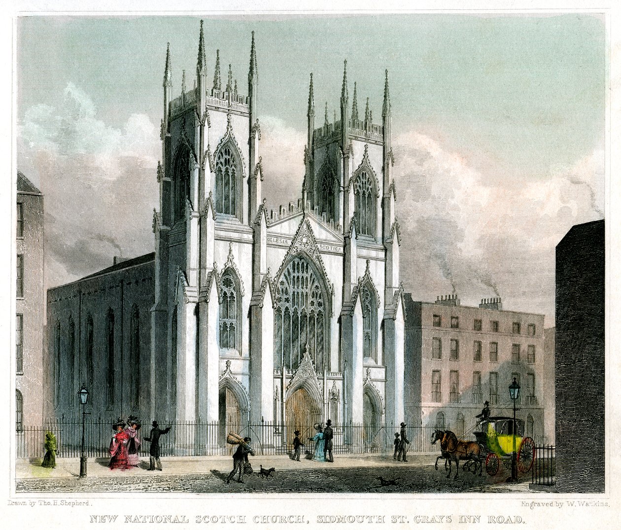 New National Scotch Church, Sidmouth Street og Grays Inn Road, London, 1829. af W Watkins
