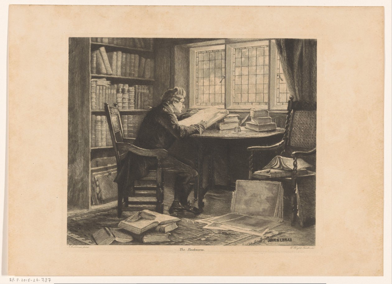 Mand læser foran sit studieværelse Bogormen (titel på objekt) af W. Wright Nooth