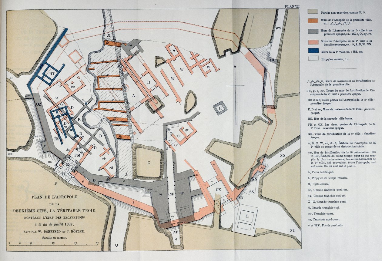 Kort over Akropolis i den anden by i Troy, 1884 af W and Hoefler, J. Doerpfeld