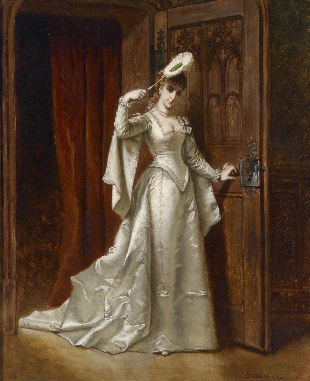 Elegant dame i hvid damaskkjole af Władysław Bakałowicz