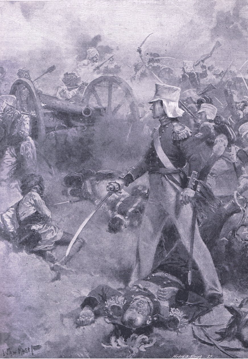 Chilianwala, 13. januar 1849: Liget af Pennycuick bevogtet af hans søn, illustration fra British Battles on Land and Sea, 1915 af Wal Paget