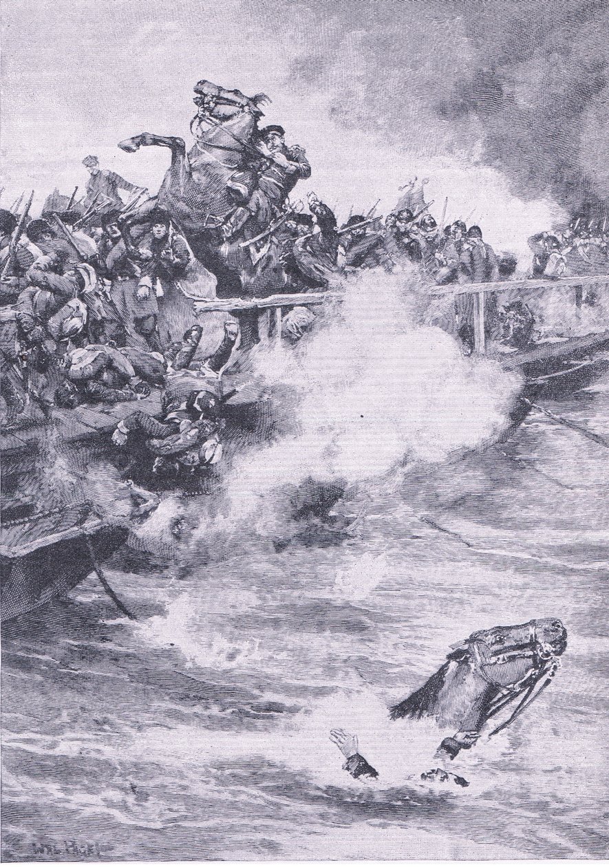 Sevastopol: Tilbagetoget over broen af både, illustration fra British Battles on Land and Sea, 1915 af Wal Paget