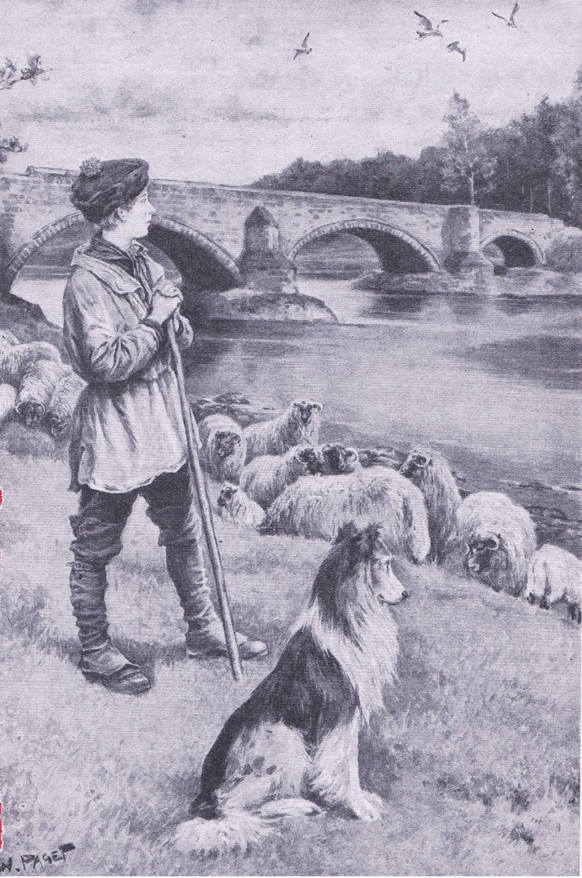 Synet af den gamle romerske bro ved Musselburgh vækker fantasien hos hyrdedrengen John Rennie fra My Magazine, pub.1922 (litho) af Wal Paget