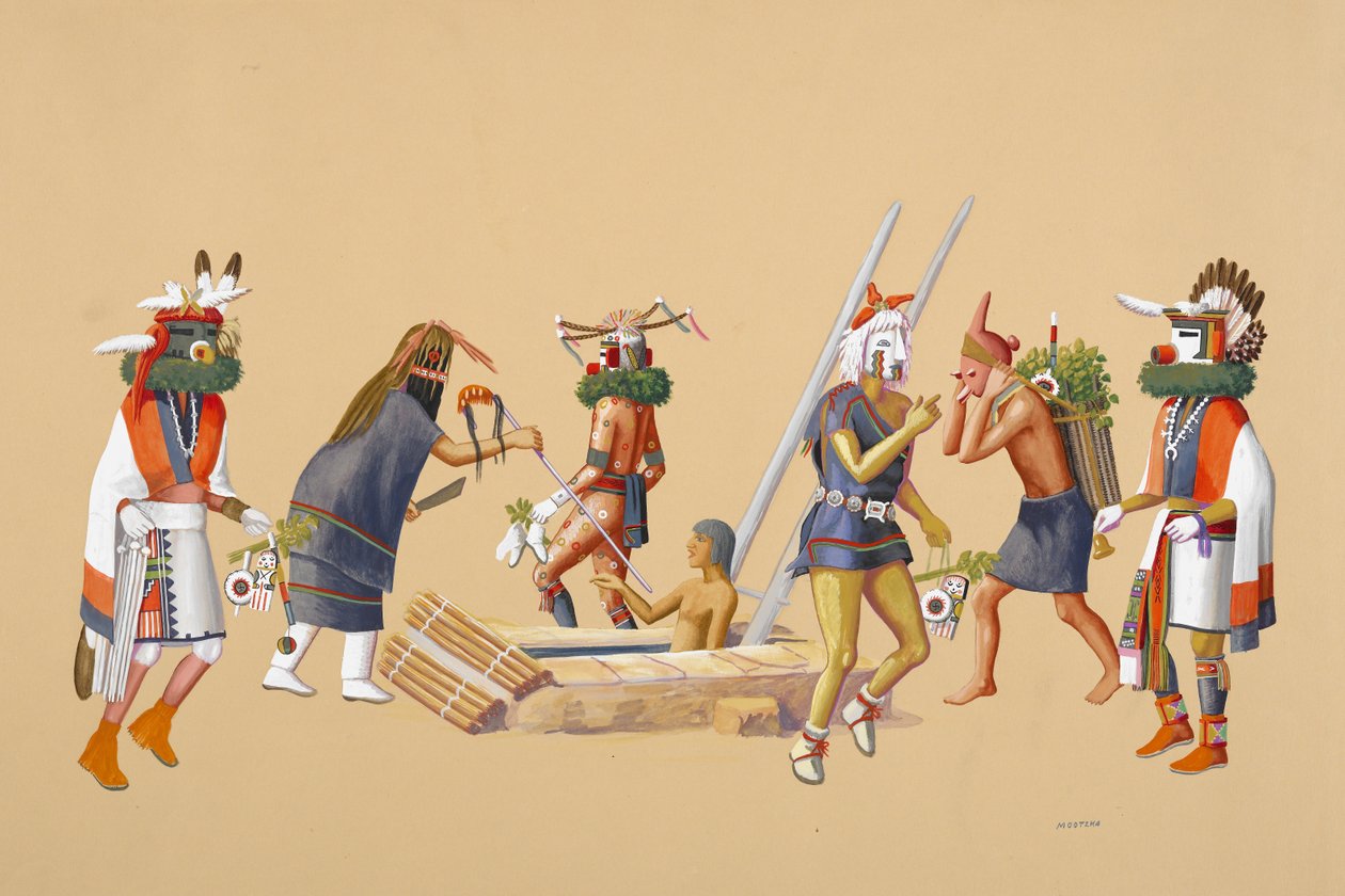 Powamu-ceremoni, 1930-40 (tempera på buff-vævet papir) af Waldo Mootzka
