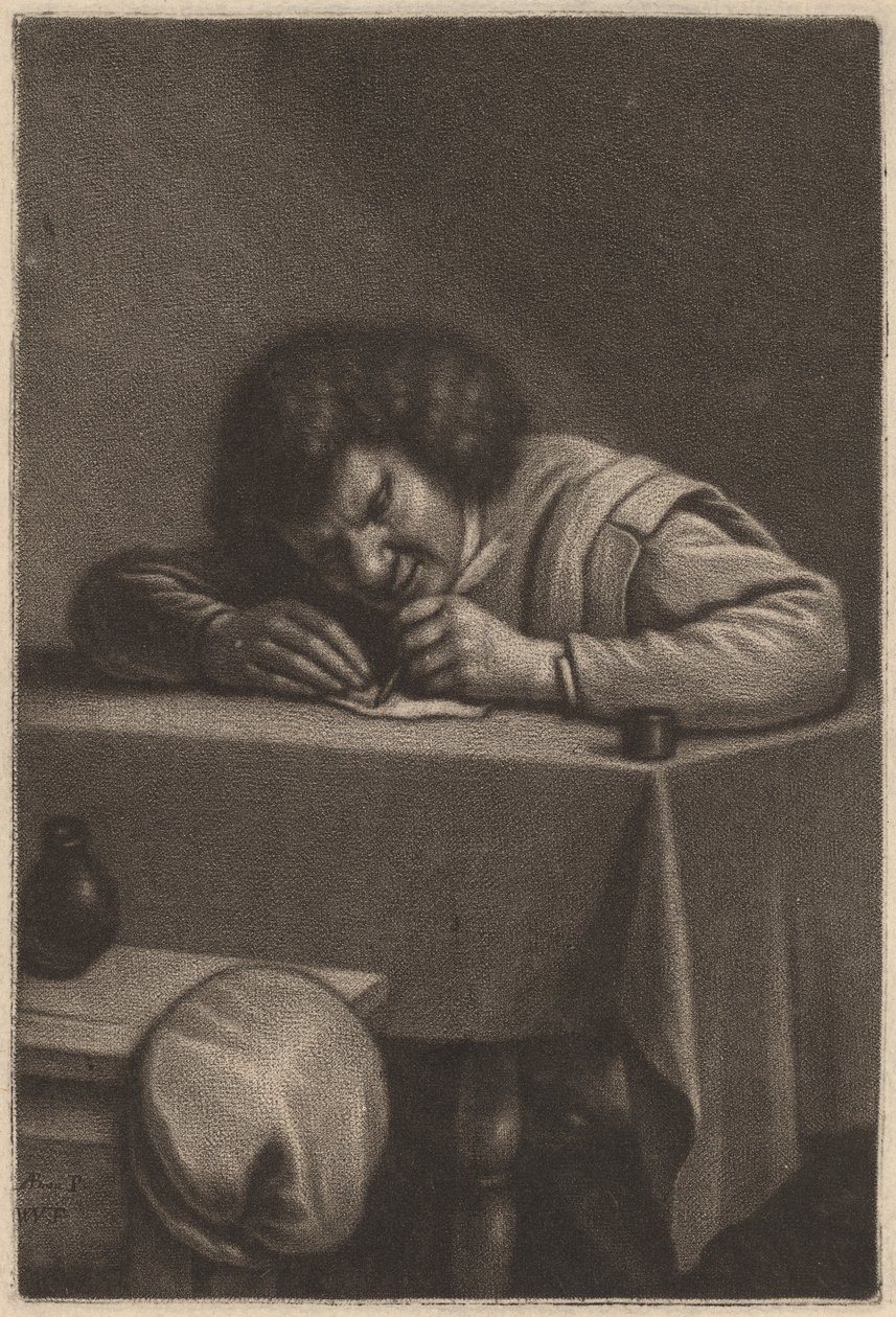 En mand, der skriver ved et bord af Wallerant Vaillant after Adriaen Brouwer