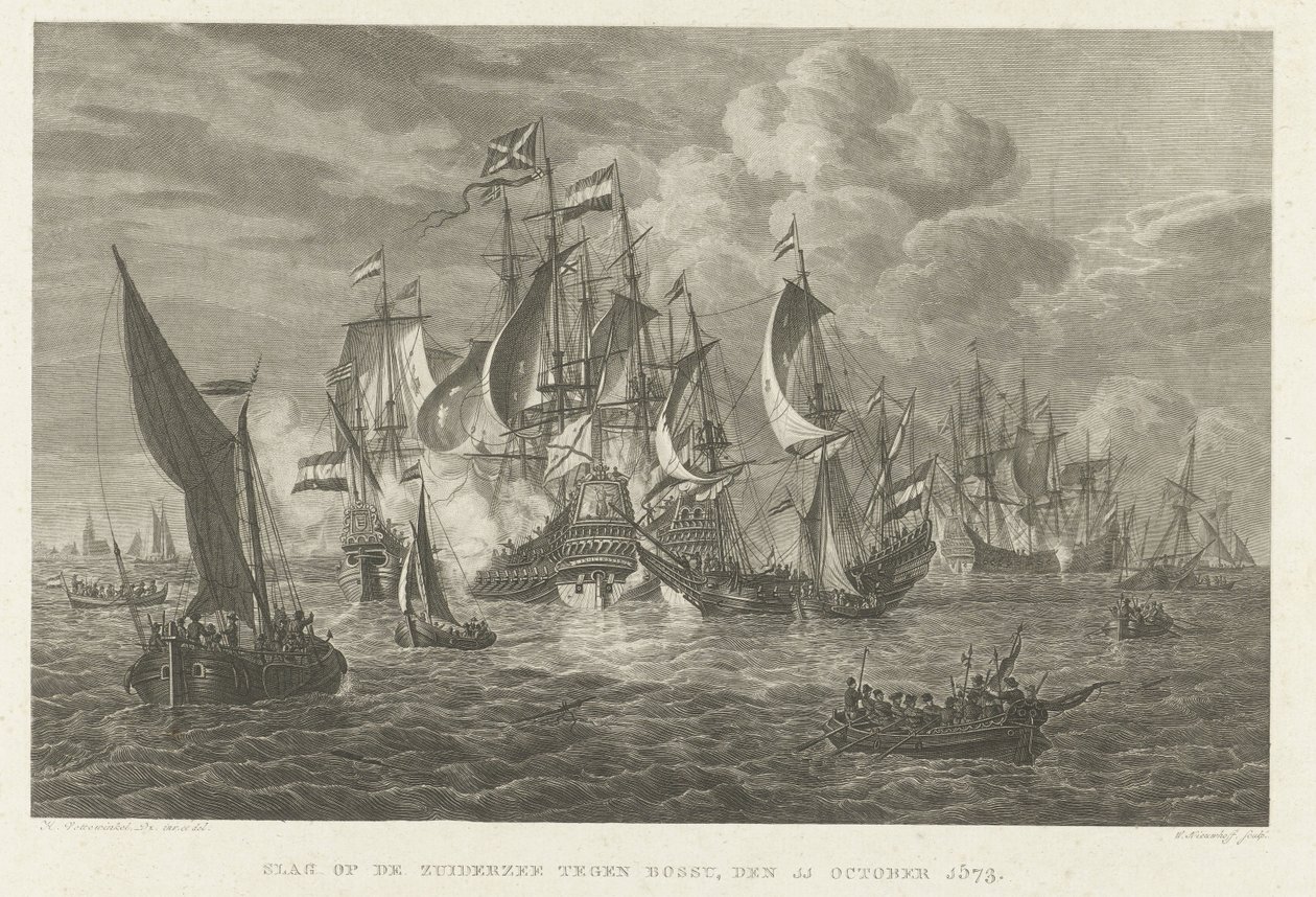 Slaget ved Zuiderzee mod Bossu, 1573 Slaget ved Zuiderzee mod Bossu, 11. oktober 1573 (titel på objekt) af Walraad Nieuwhoff