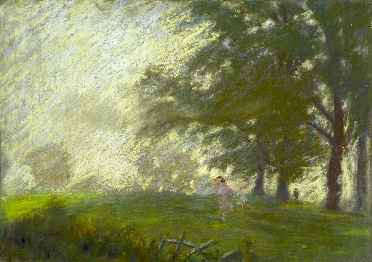 En ung pige springer i en lysning (pastel på papir) af Walter Bonner Gash
