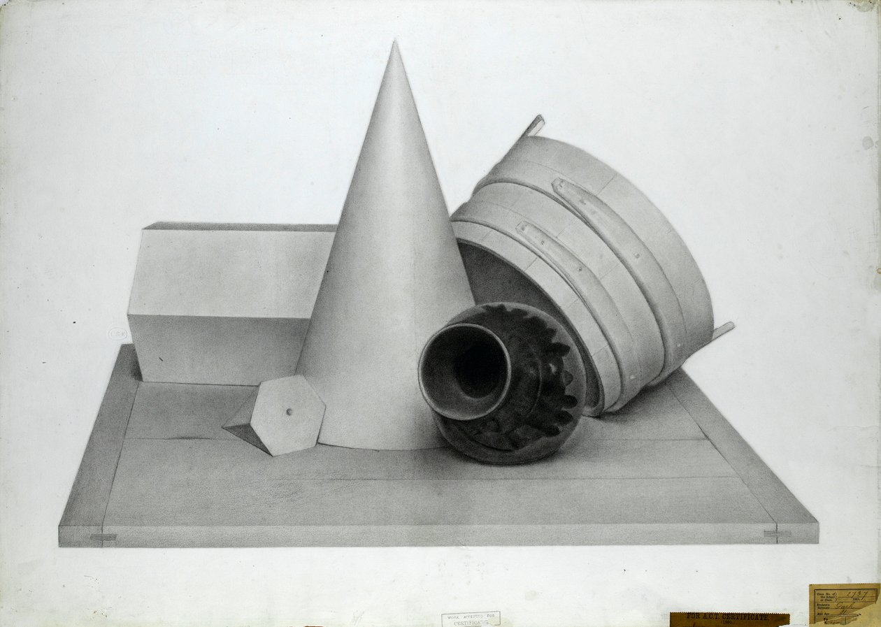 Stilleben med geometriske modeller og en vase af Walter Bonner Gash