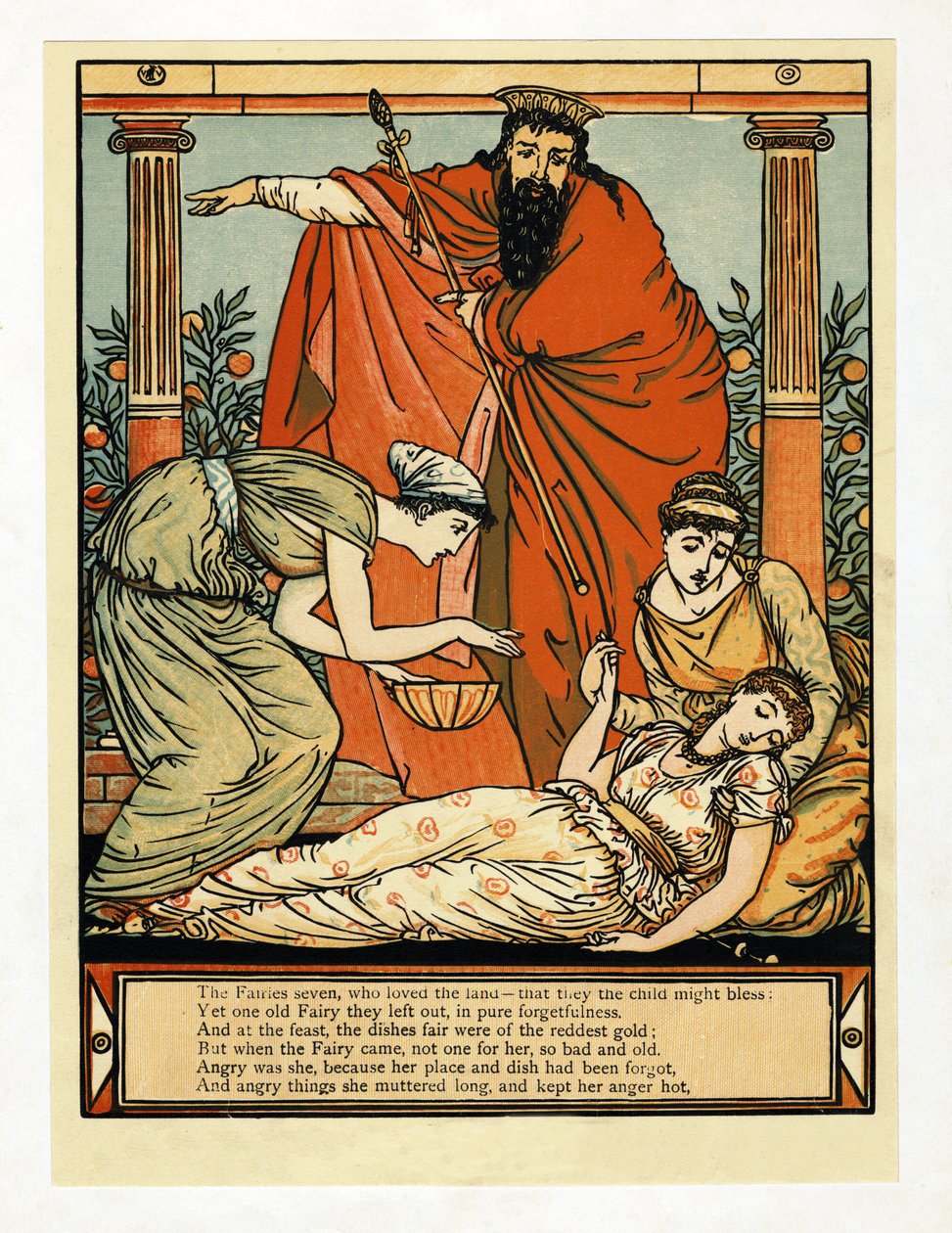 Og ned falder hun i dødslignende søvn, , fra The Blue Beard Picture Book, pub. 1879 af Walter Crane