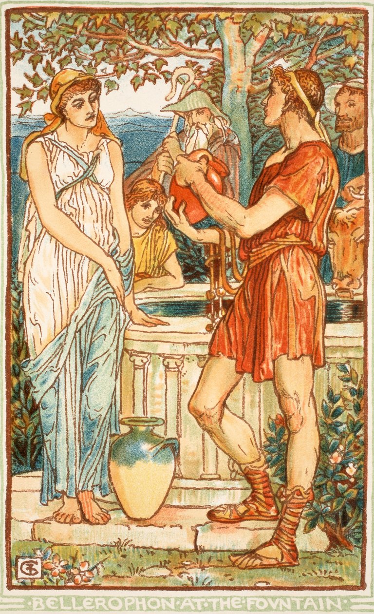 Bellerophon ved springvandet, illustration fra "A Wonder-Book for Girls and Boys" af Nathanial Hawthorne, 1852 af Walter Crane