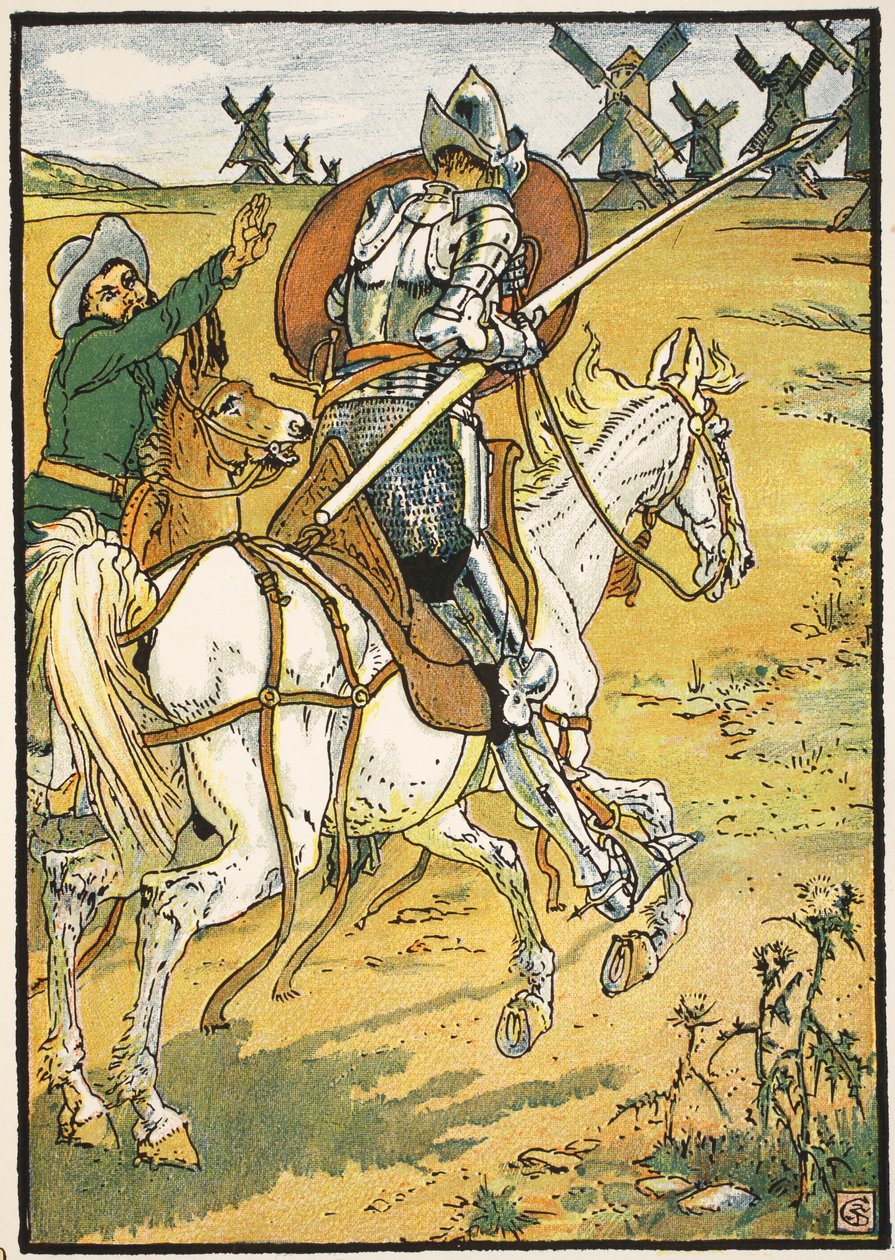 Don Quixote and the Windmills, illustration fra 