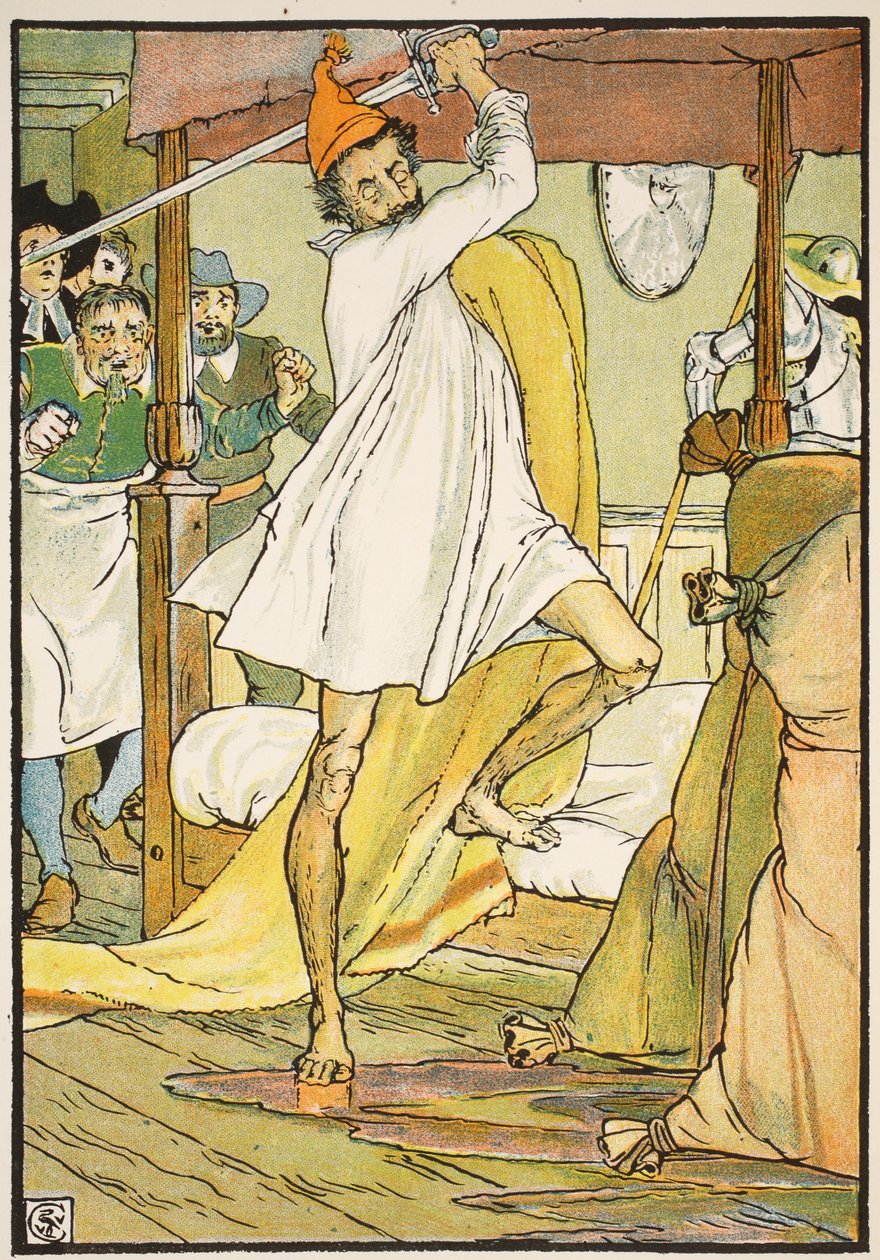 Don Quixotes ekstraordinære kamp, illustration fra "Don Quixote of the Mancha" genfortalt af Judge Parry, pub. Blackie und Son Ltd, London, 1900 af Walter Crane