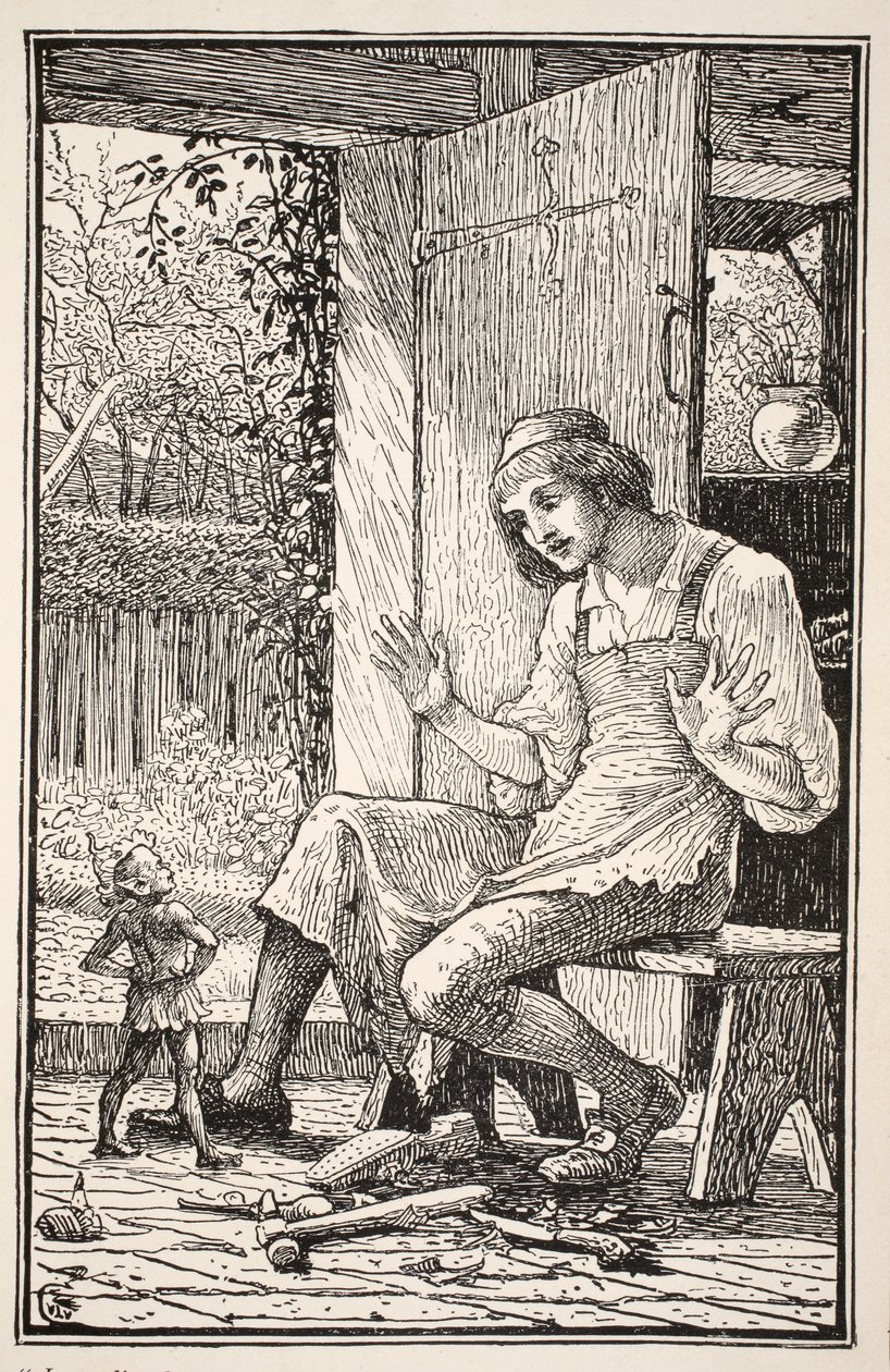 Straks hoppede et lille væsen fra under læderrester ved hans fødder, og placerede armene akimbo, lo en nissegrin i den forbløffede Taffys ansigt, illustration fra 