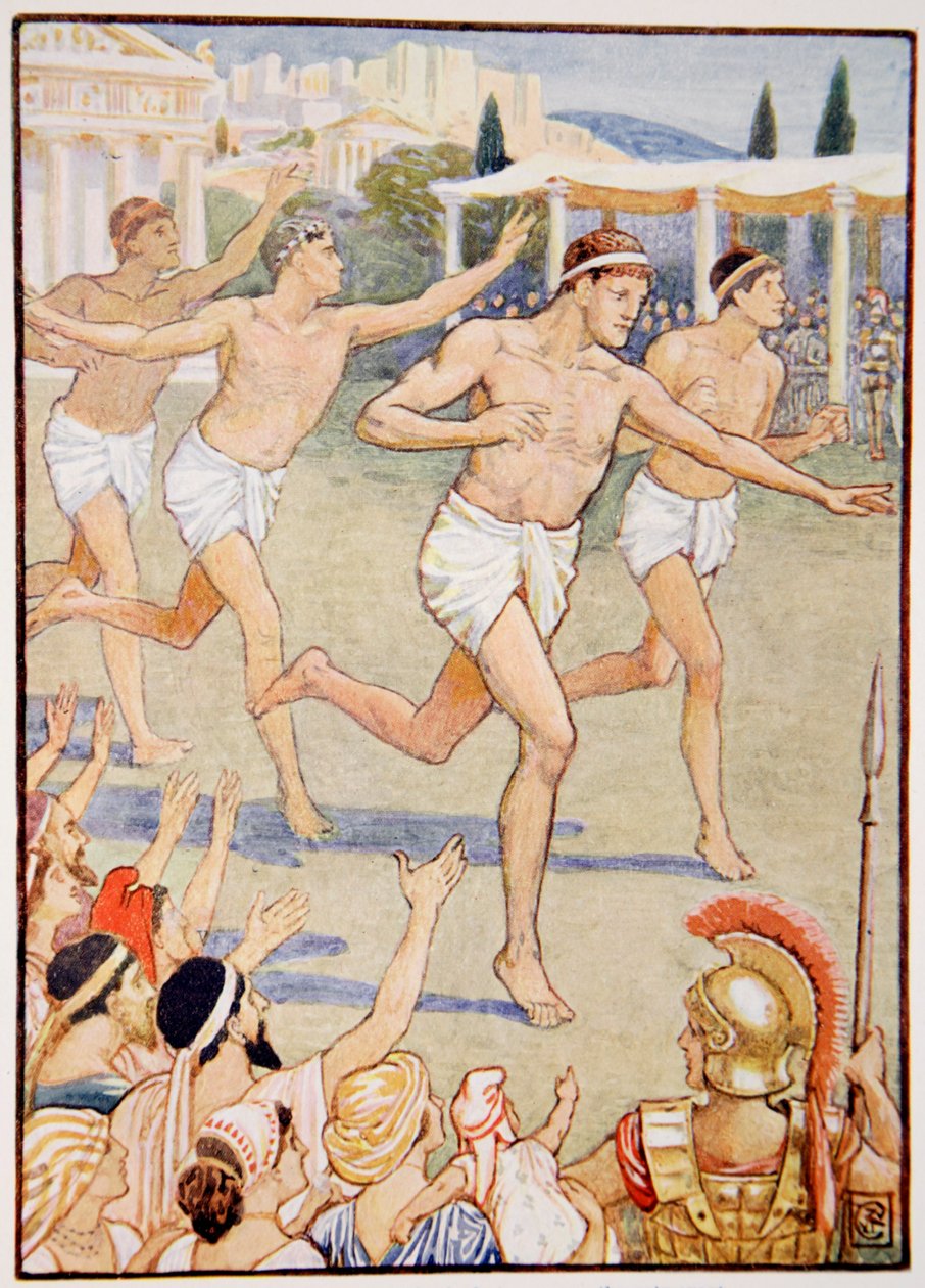 I de tidligste tider var et simpelt fodløb den eneste begivenhed, illustration fra The Story of Greece af Mary Macgregor, 1. udgave, 1913 (farveprint) af Walter Crane