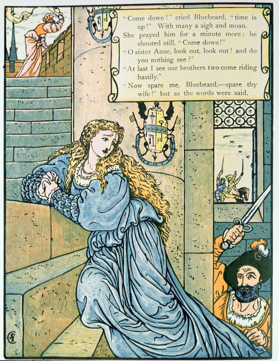 "O Søster Anne, ser du ikke noget?", illustration til "Blåskæg" af Charles Perrault (1628-1703) (farvestik) af Walter Crane