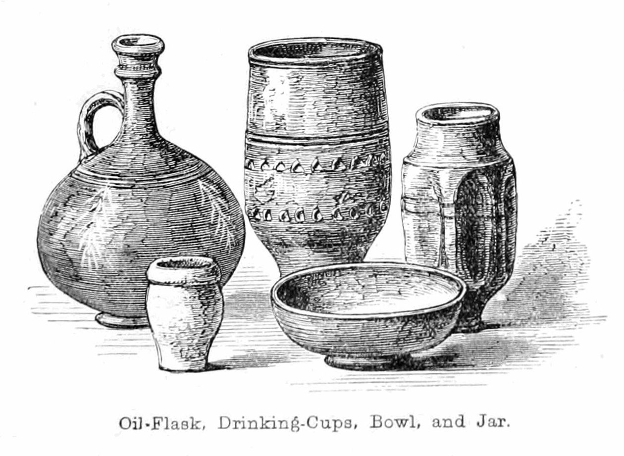 Oliekolbe, drikkekopper, skål og krukke af Walter Crane