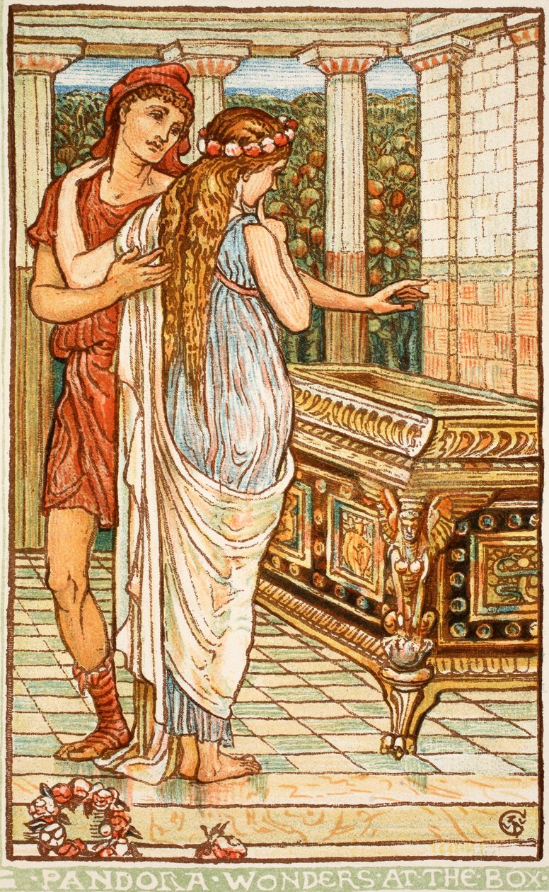 Pandora undrer sig over æsken, illustration fra "A Wonder-Book for Girls and Boys" af Nathanial Hawthorne, 1852 af Walter Crane