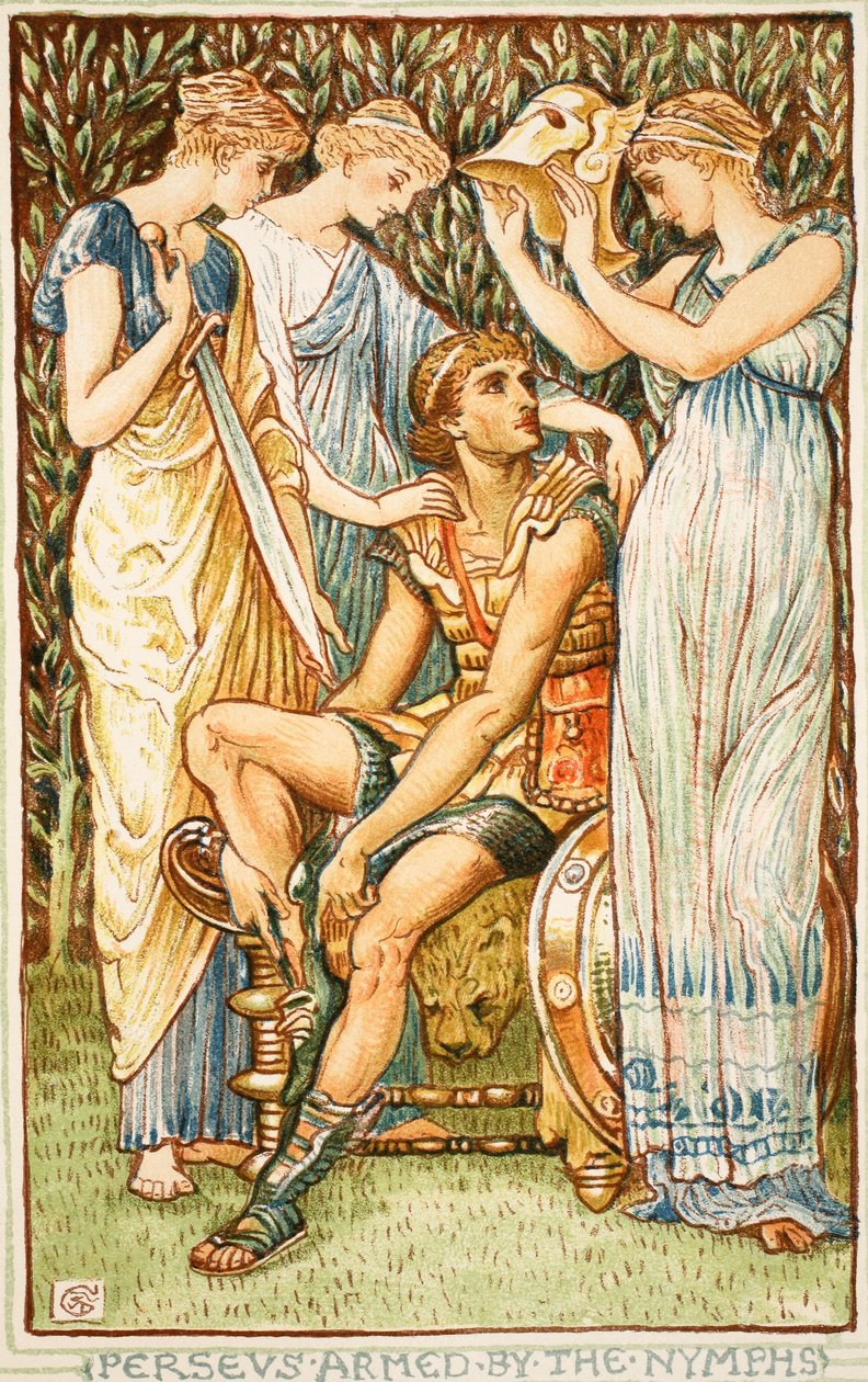 Perseus bevæbnet af nymferne, illustration fra 