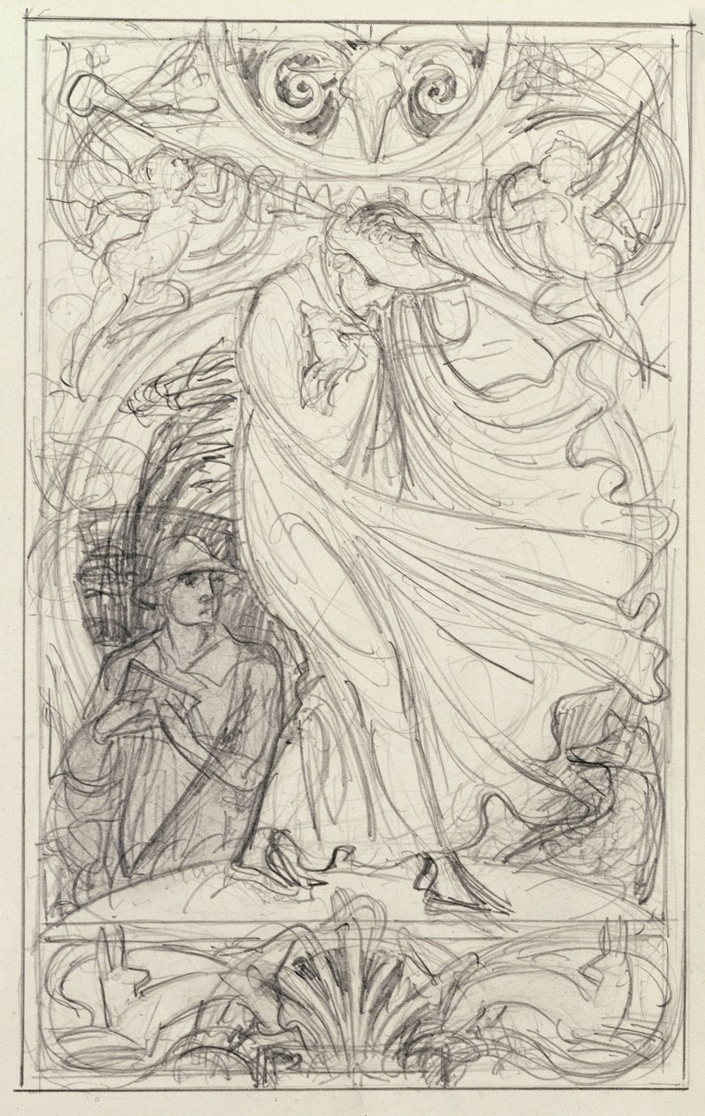 Forberedende tegning til en kalender, ca. 1890 (blyant & pen og blæk med vask på papir) af Walter Crane