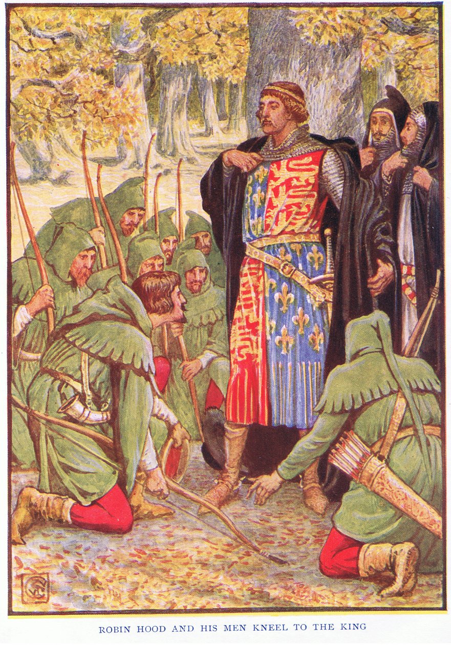 Robin og hans mænd knæler for kongen, ca. 1920 af Walter Crane