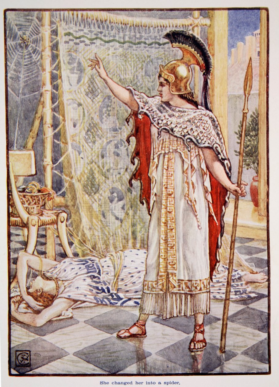 Hun forvandlede hende til en edderkop, illustration fra "The Story of Greece" af Mary Macgregor, 1. udgave, 1913 (farveprint) af Walter Crane