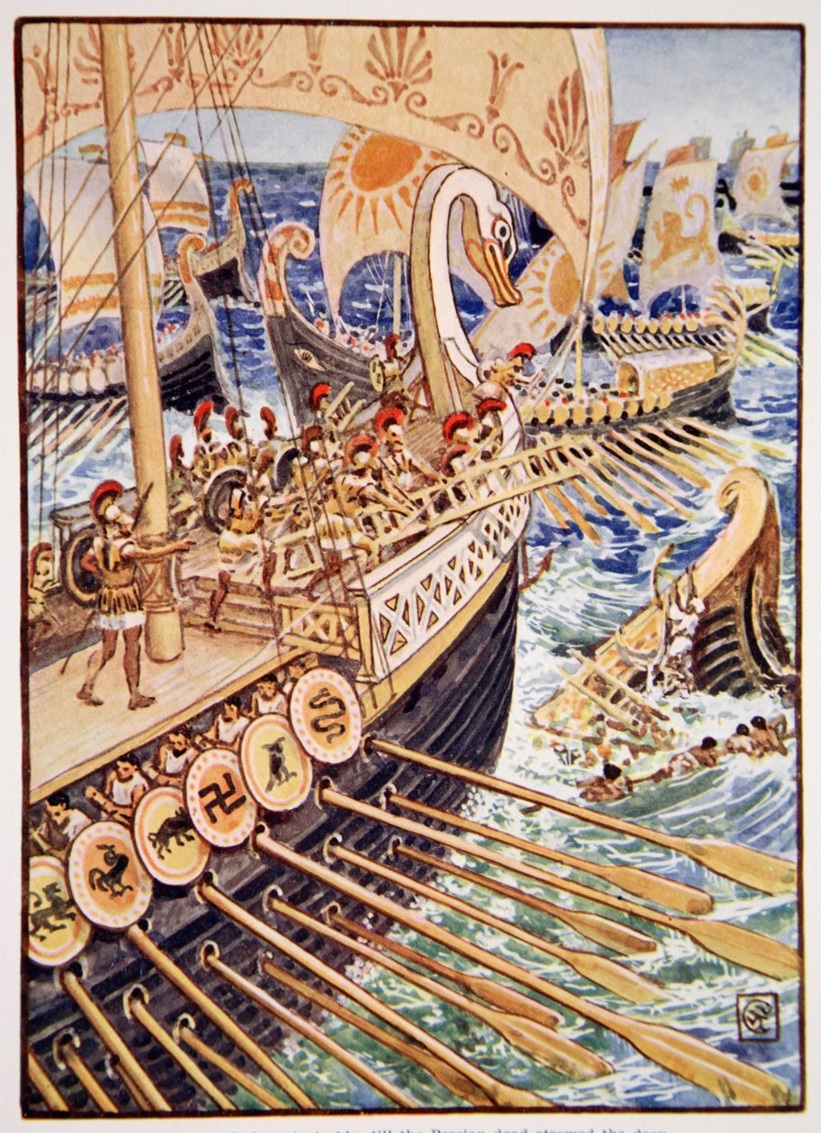 Skibet skyllede mod skibet, indtil de persiske døde strøede dybet "som blomster", illustration fra "The Story of Greece" af Mary Macgregor, 1. udgave, 1913 (farveprint) af Walter Crane