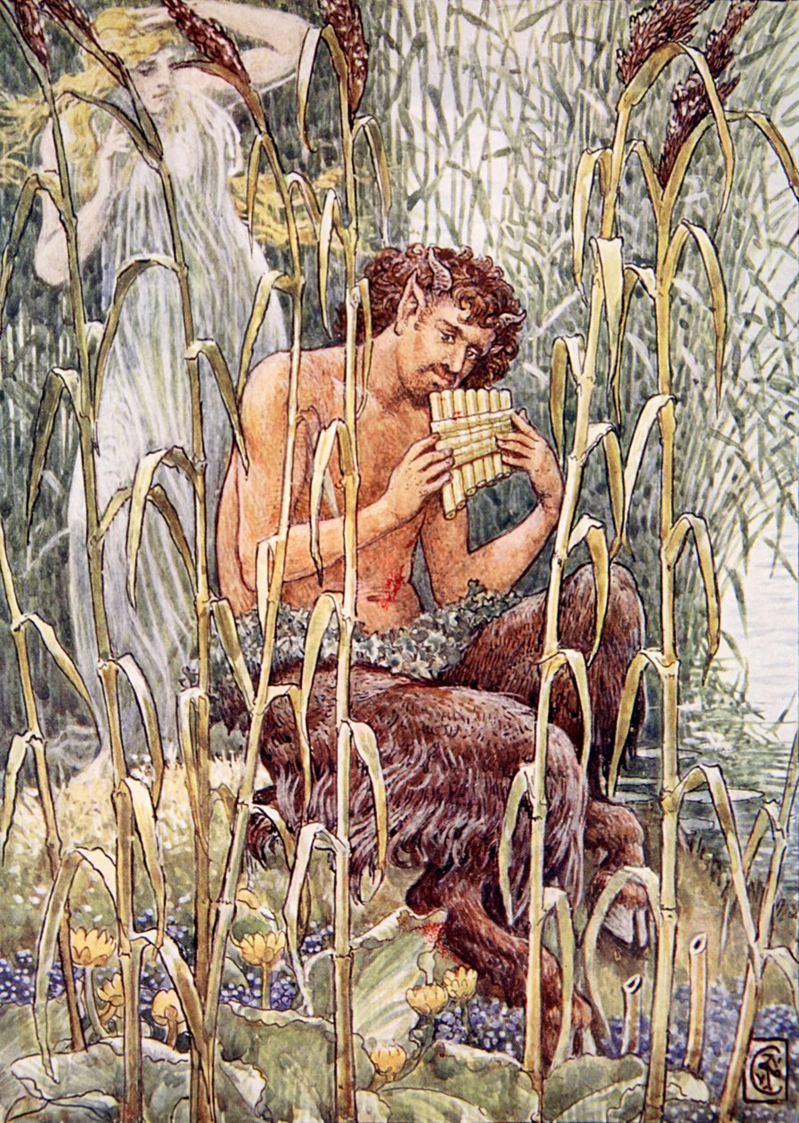 Sød, gennemborende sød var musikken fra Pans pibe, illustration fra "The Story of Greece" af Mary Macgregor, 1. udgave, 1913 (farveprint) af Walter Crane