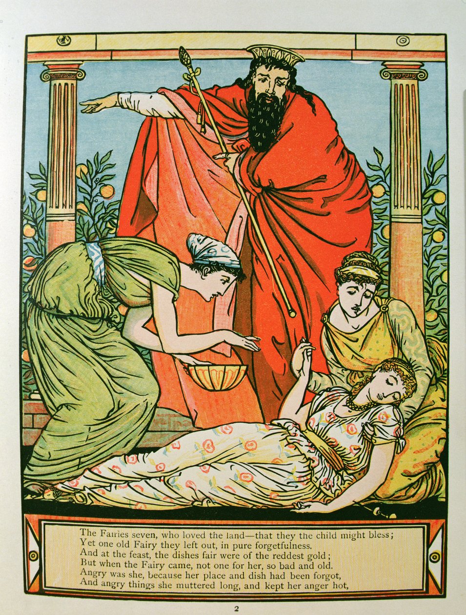 Prinsessen falder i søvn, illustration til "Tornerose" af Charles Perrault (1628-1703) (farvestik) af Walter Crane