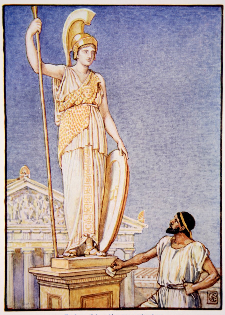 Figuren af gudinden var kolossal, illustration fra "The Story of Greece" af Mary Macgregor, 1. udgave, 1913 (farveprint) af Walter Crane