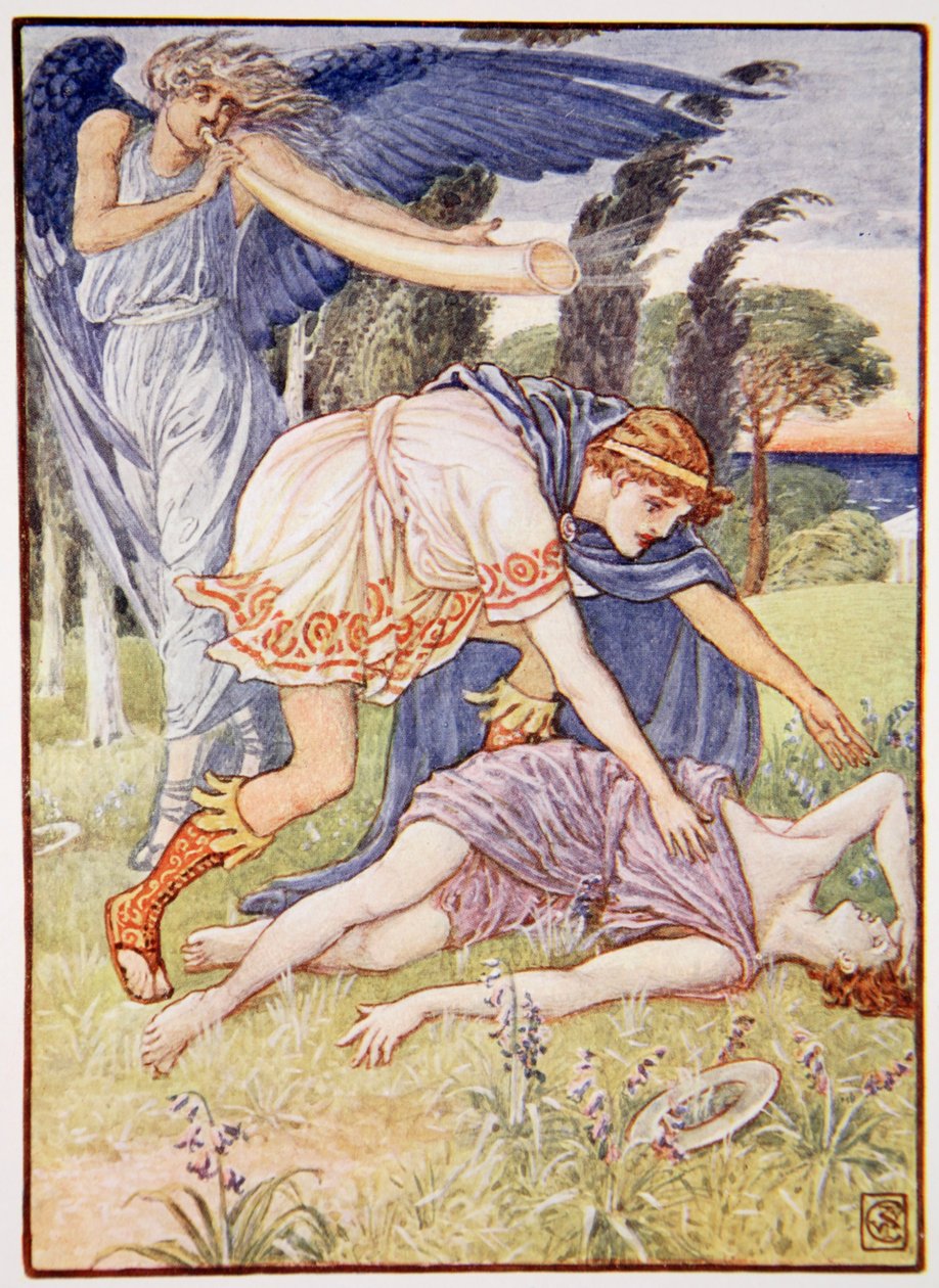 Vindguden sendte en vindstød fra syd, illustration fra "The Story of Greece" af Mary Macgregor, 1. udgave, 1913 (farveprint) af Walter Crane