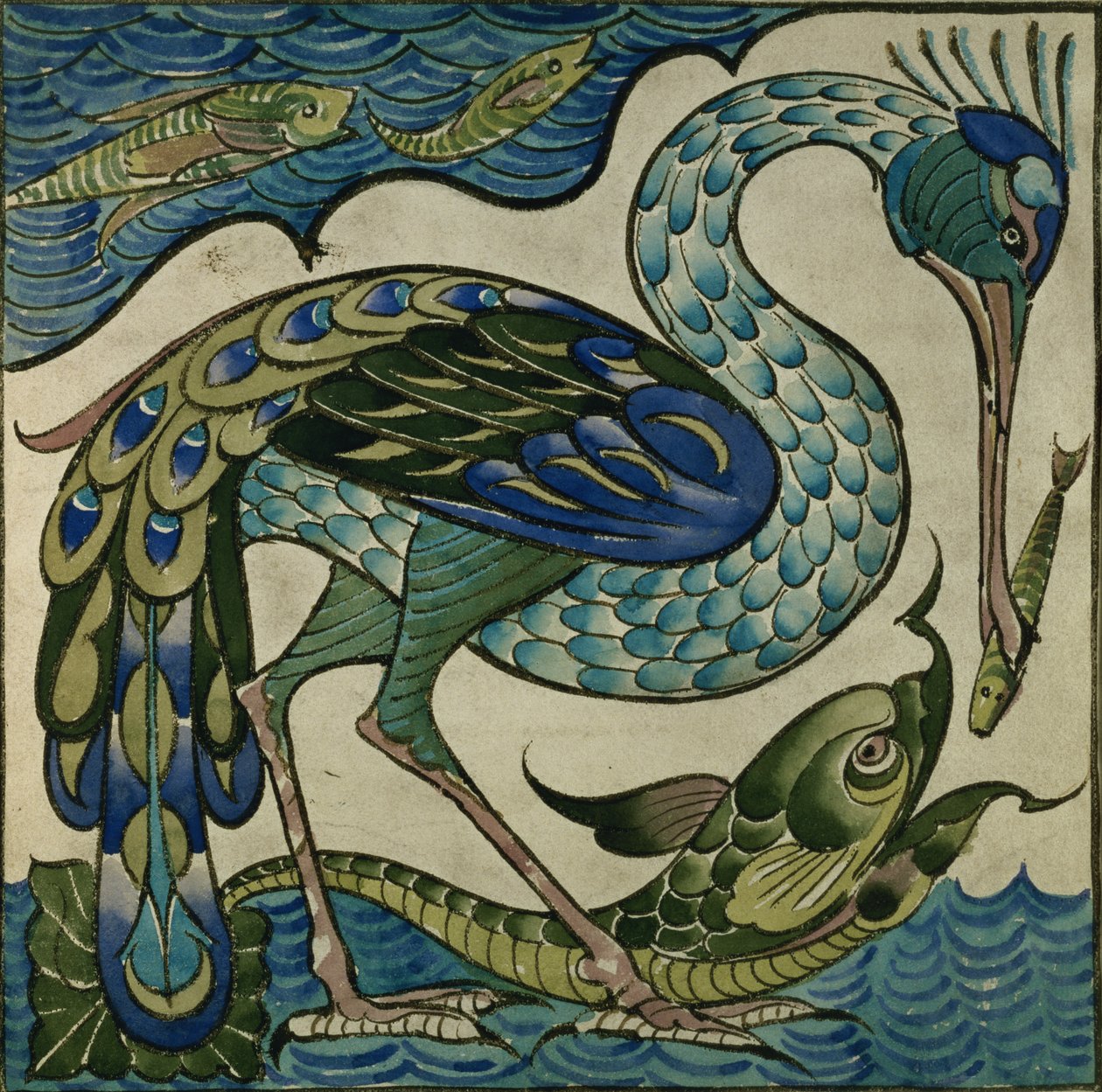 Flisedesign af hejre og fisk, af Walter Crane (1845-1915) af Walter Crane