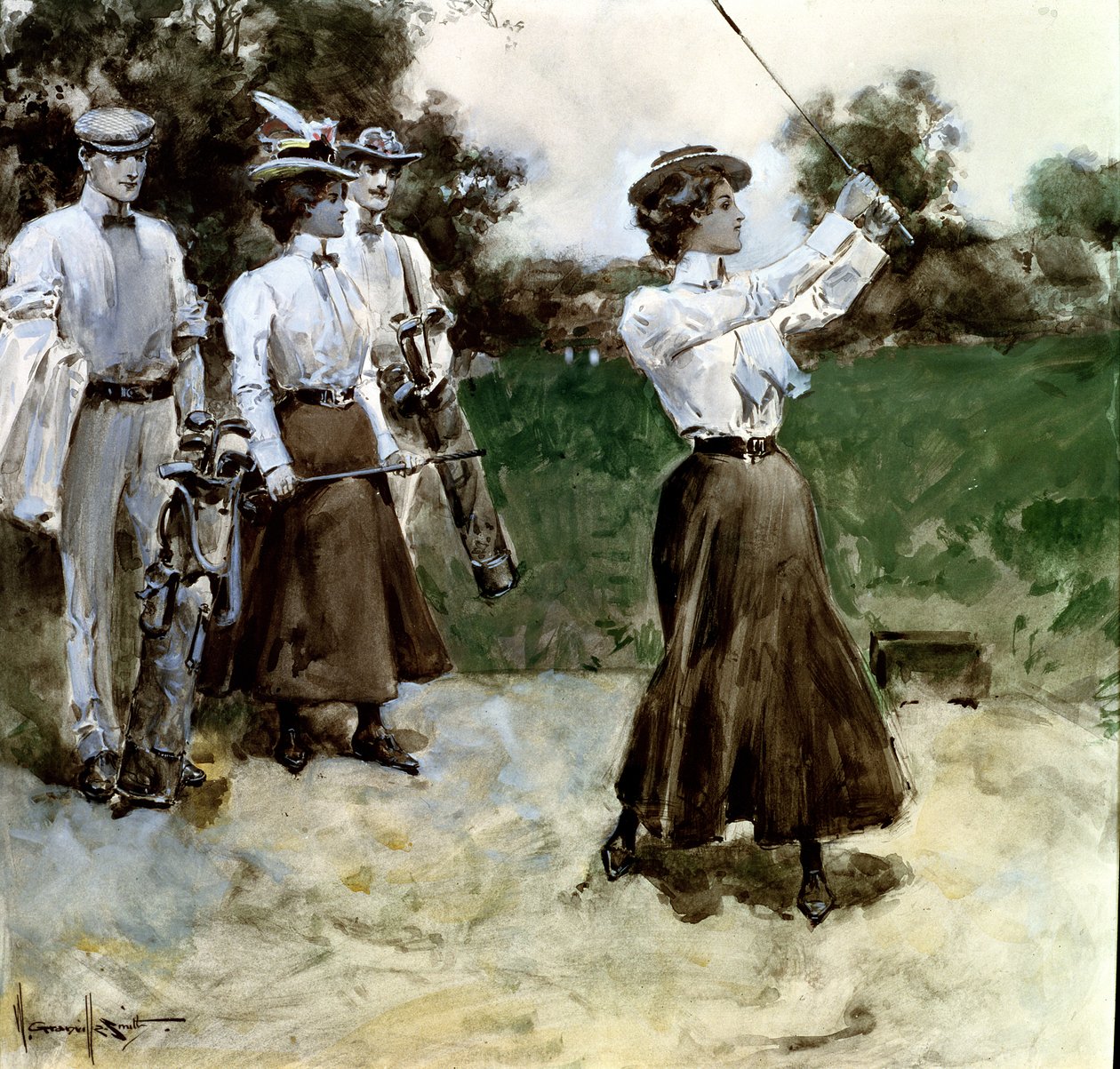 Golf Foursome, ca. 1900 (gouache og wc ombord) af Walter Granville Smith
