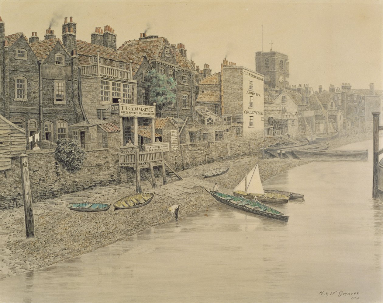 En udsigt over Themsen, der viser Adam og Eva Tavern i Chelsea, 1868 (se også 45025) af Walter Greaves
