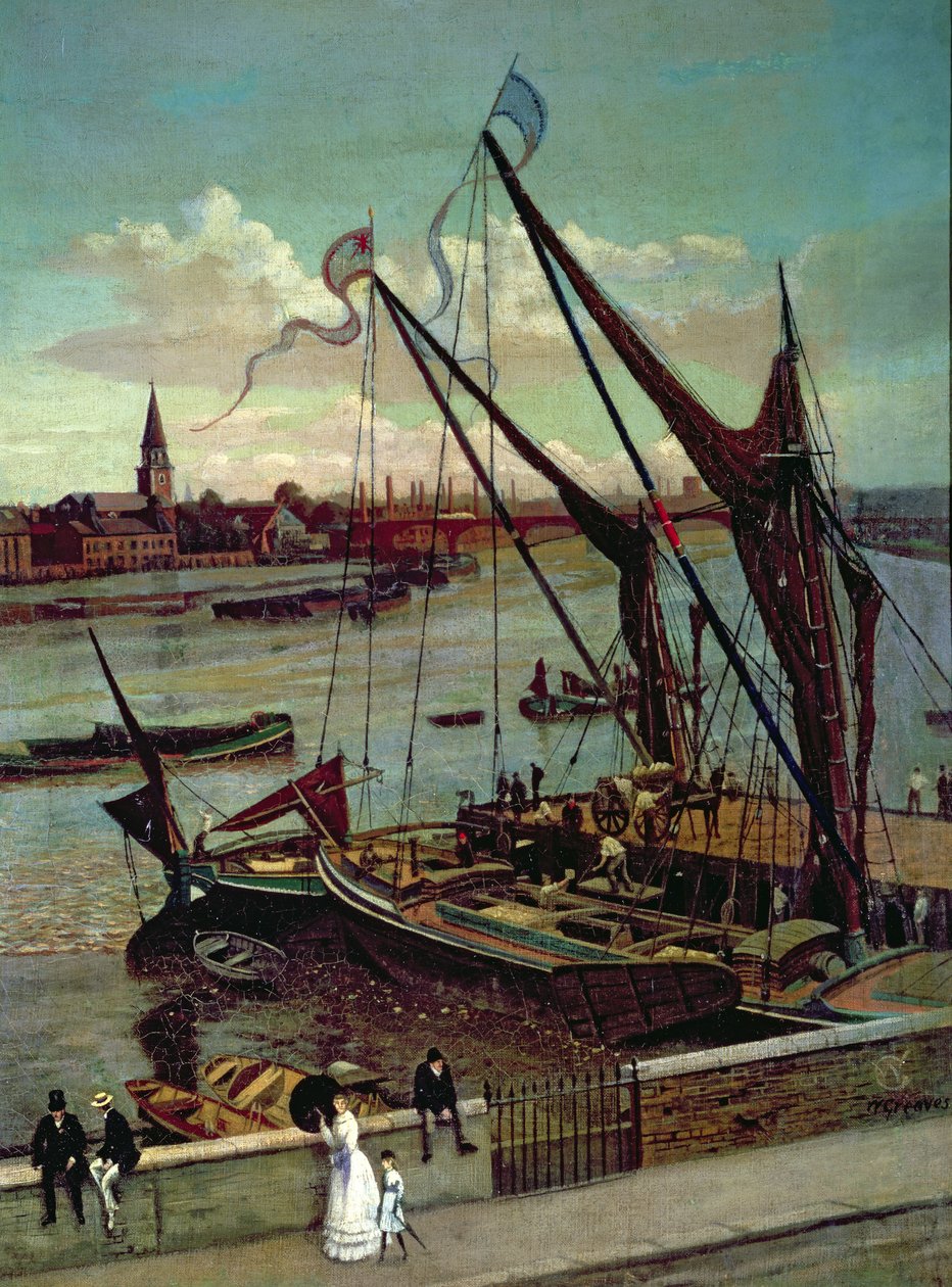 Losser prammen, Lindsay Jetty og Battersea Church, ca. 1860 af Walter Greaves