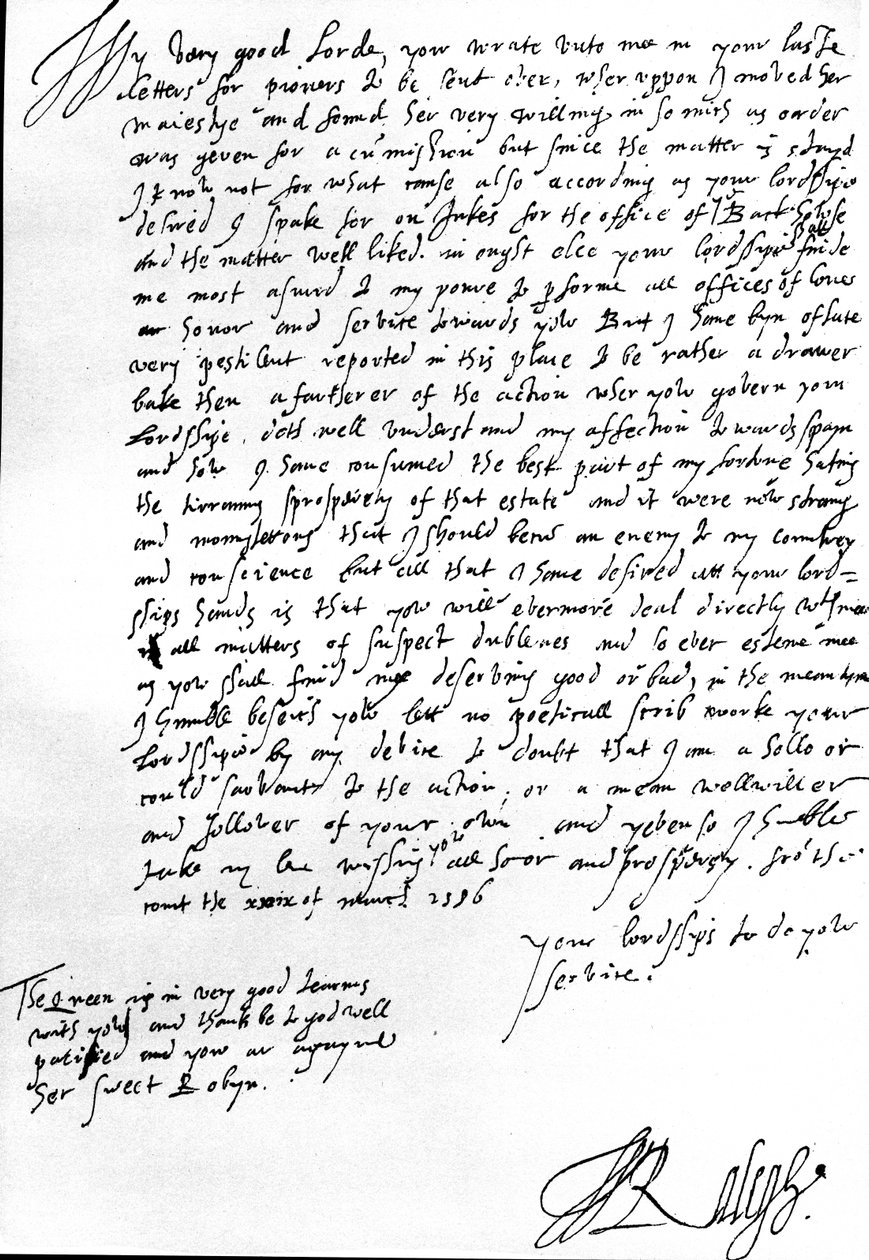 Brev til Robert Dudley, jarl af Leicester, guvernør i Holland, angående hans anmodning om at få pionerer sendt fra England, hvori han tilbageviser Dudleys anklage om, at Raleigh er for venlig over for Spanien af Walter Raleigh