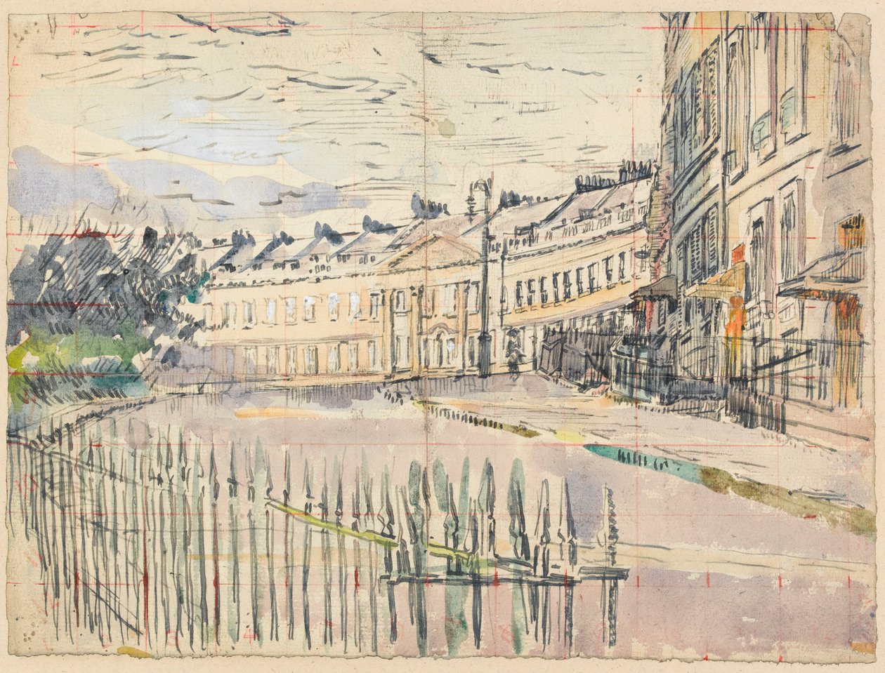 Udsigt over Lansdown Crescent, Bath (pen og blæk med wc over grafit på papir) af Walter Richard Sickert