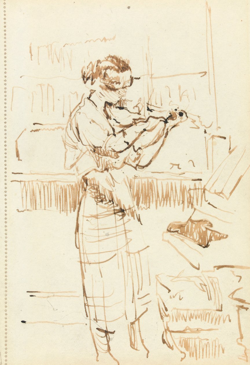 Pige spiller violin (pen og brunt blæk på papir) af Walter Richard Sickert