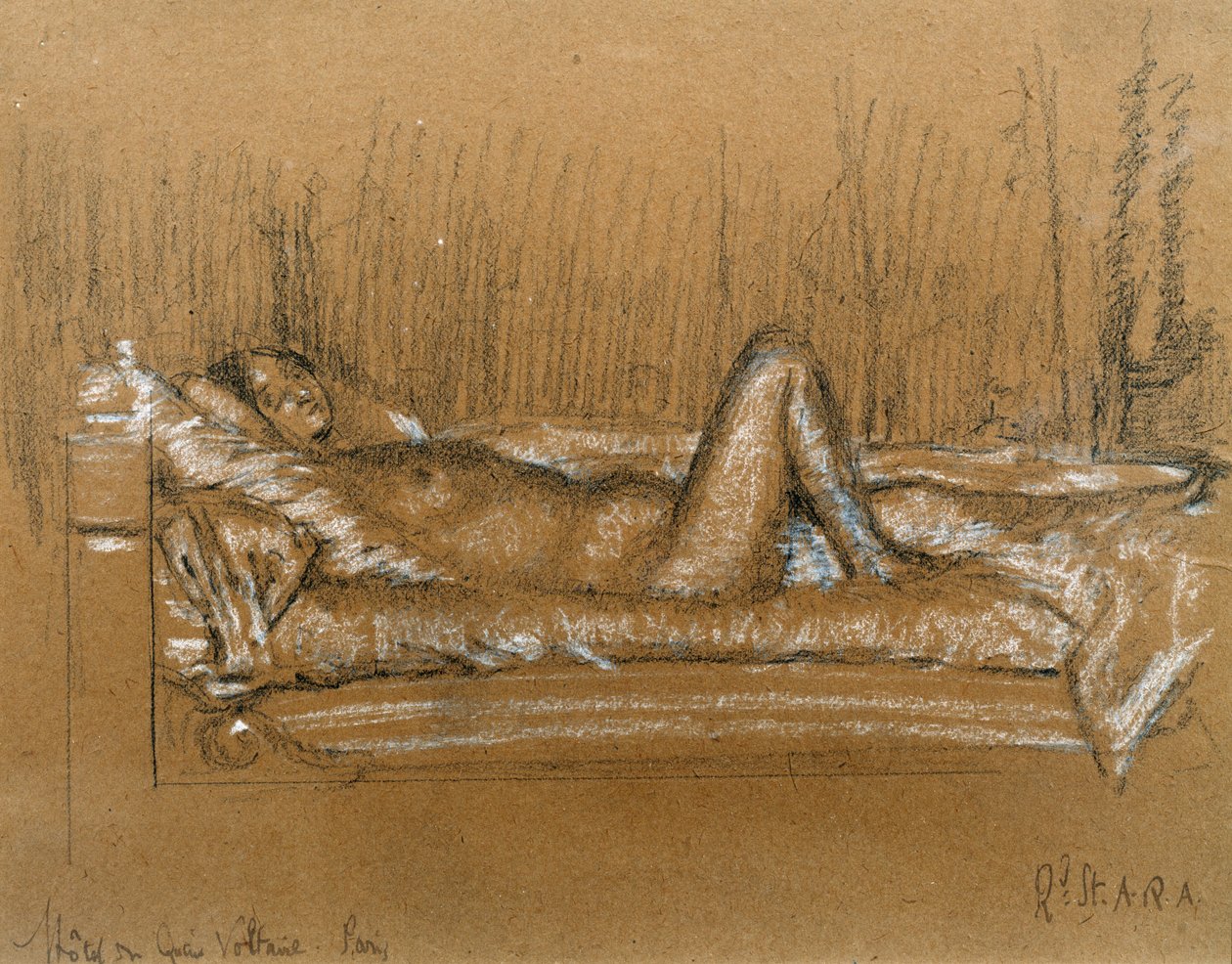 Jeanne, Hotel du Quai Voltaire, Paris (kul og hvidt kridt på papir) af Walter Richard Sickert
