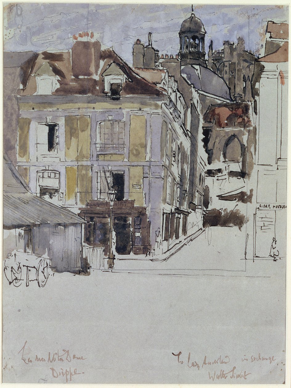 La Rue Notre Dame, Dieppe, med Quai Duquesne i forgrunden, ca. 1899 (wc over blyant og blæk på papir) af Walter Richard Sickert