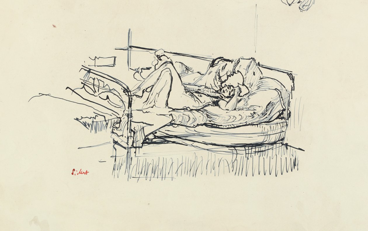 Nøgen liggende på en seng (pen og blåt blæk på papir) af Walter Richard Sickert