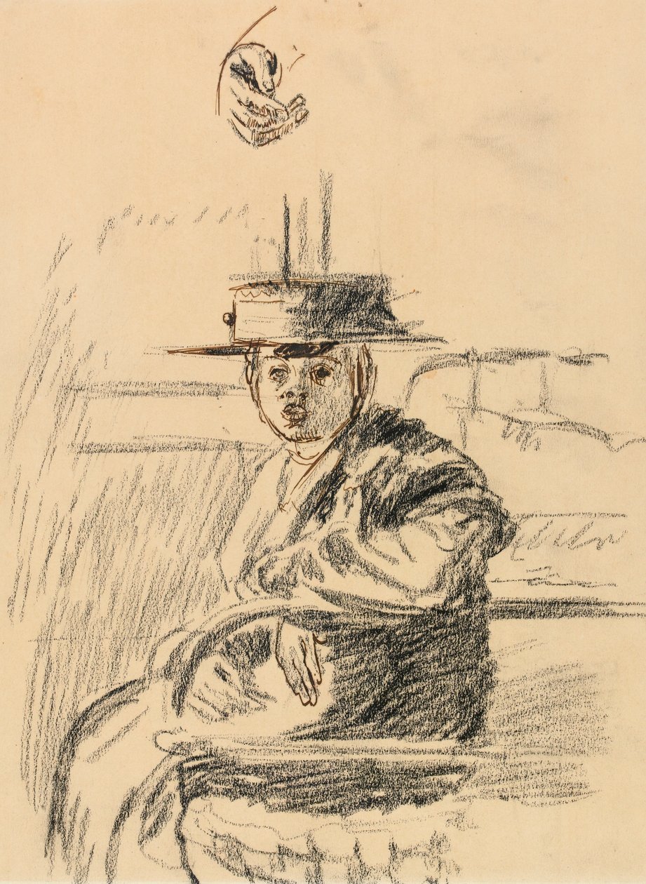 Siddende kvinde med en stråsejler (kul med kuglepen og brunt blæk på papir) af Walter Richard Sickert