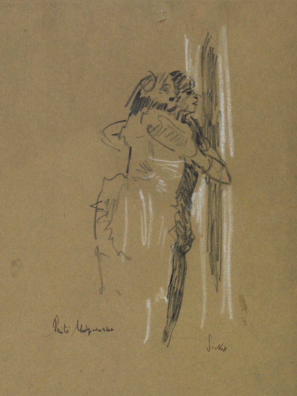 To stående figurer, ca. 1907 (sort og hvidt kridt på falmet blåt papir) af Walter Richard Sickert
