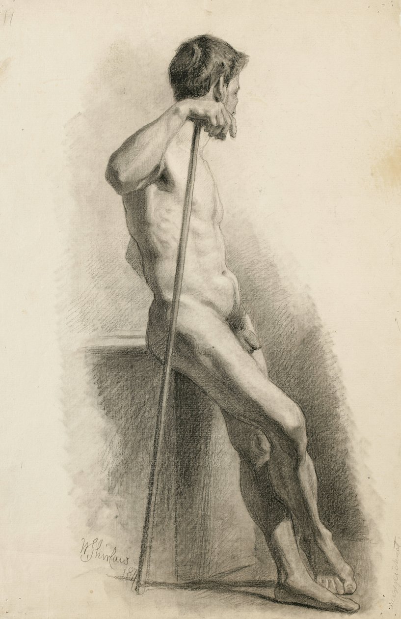 Undersøgelse af mandlig nøgen med stav, set fra siden, 1871 (kul på gulfarvet papir) af Walter Shirlaw