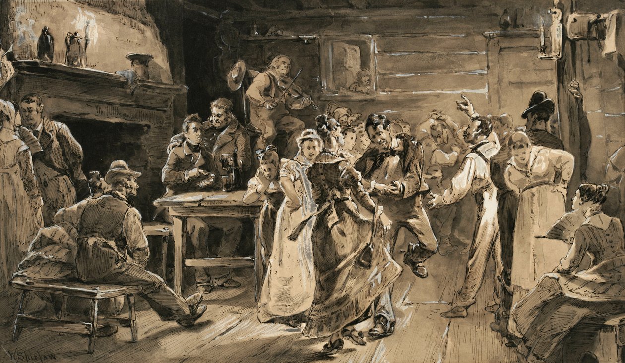 The Country Dance (pen & blæk med vask på papir) af Walter Shirlaw