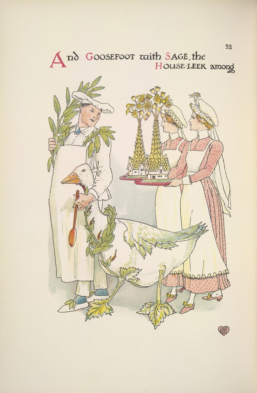 En kok holder en gås. To damer bærer bakker af Walter Crane